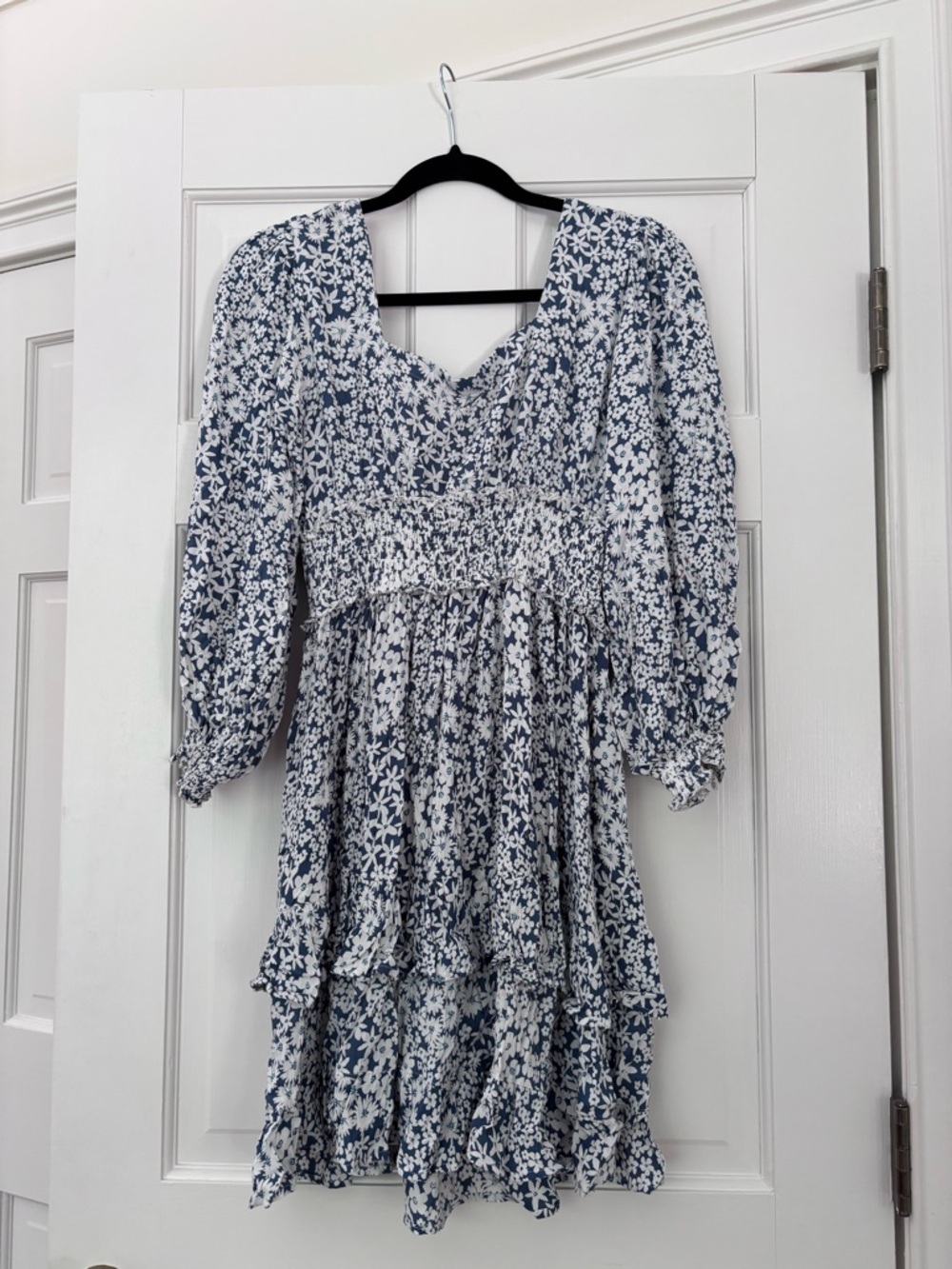 Blue and White Floral Tiered Dress - Medium